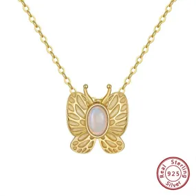 Butterfly White Fire Opal Gold Necklace - 925 Sterling Silver