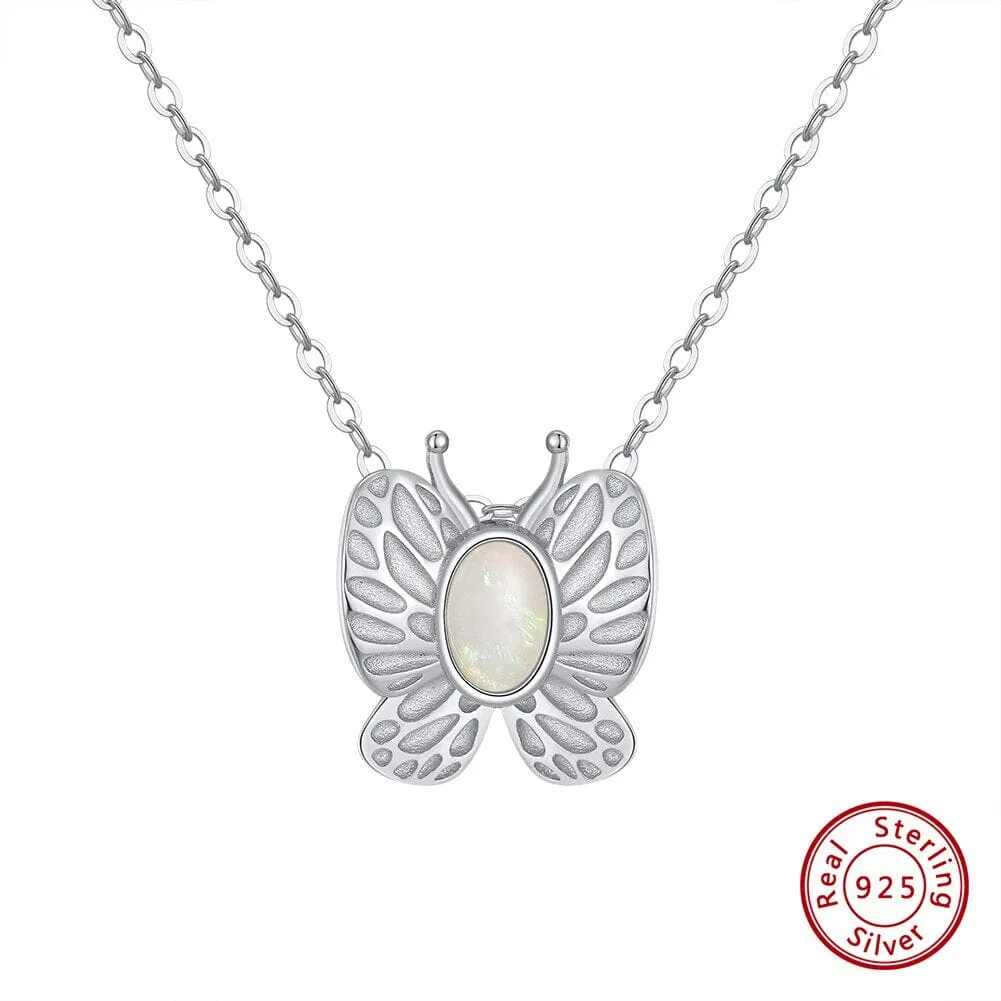 Butterfly White Fire Opal Gold Necklace - 925 Sterling Silver