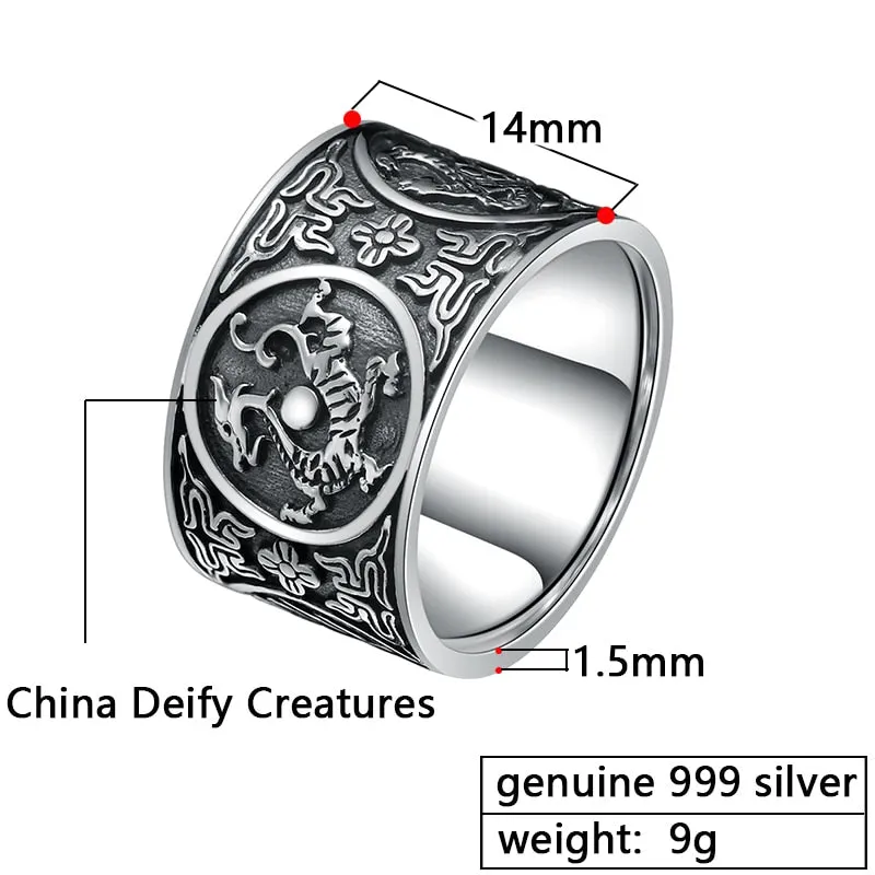 Chinese Four Creatures Dragon, Tiger, Bird and Turtle 999 Genuine Silver Vintage Biker Ring