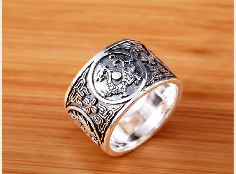 Chinese Four Creatures Dragon, Tiger, Bird and Turtle 999 Genuine Silver Vintage Biker Ring