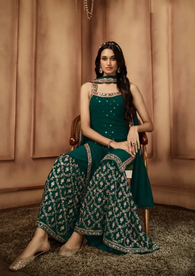 Classy Green Heavy Embroidered and Sequins Work Sharara Set - Rent