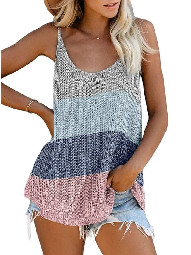 Color Block Women's Camisole Tank Top - White/Pink/Blue Sleeveless Casual Vacation Wear