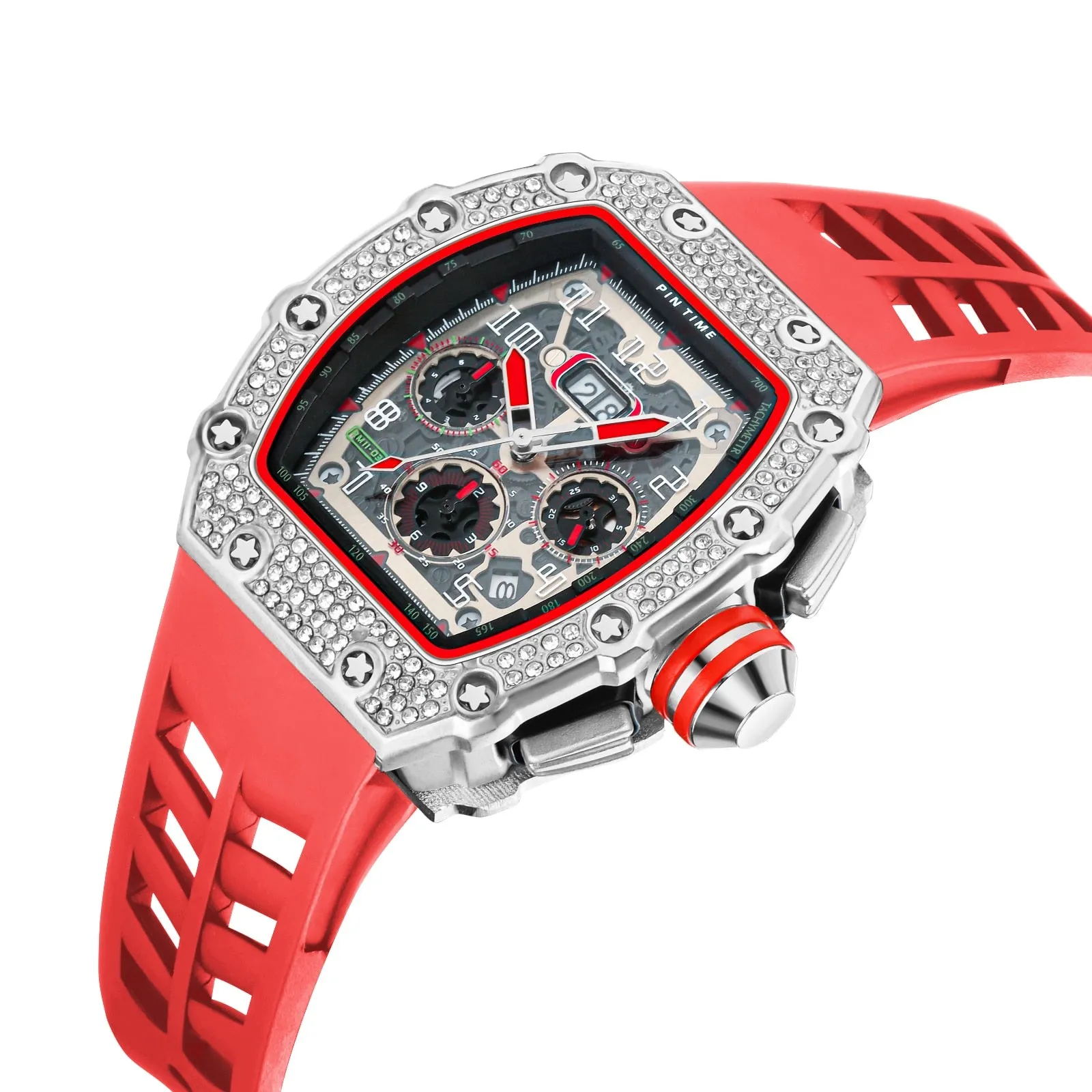 Cool Sports and Military Diamond-Studded Chronograph Silicone Band Fashion Hip-hop Quartz Watch