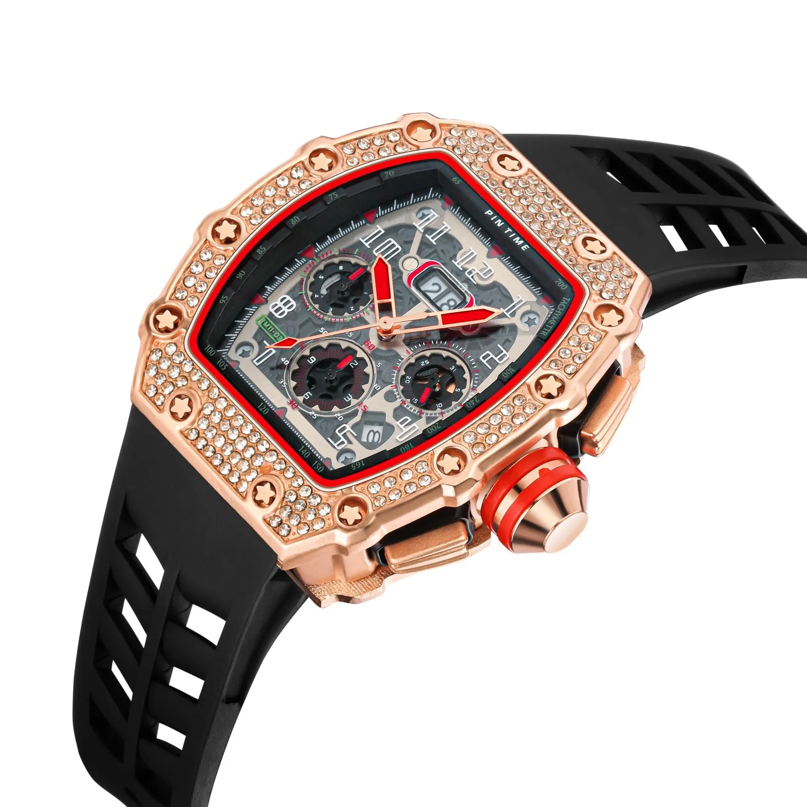 Cool Sports and Military Diamond-Studded Chronograph Silicone Band Fashion Hip-hop Quartz Watch