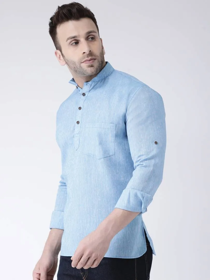 Cotton Linen Solid Short Kurta For Men