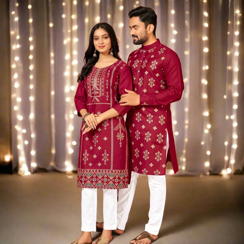 Couple Wear Cotton Traditional Wedding Red Same Matching Outfits Set