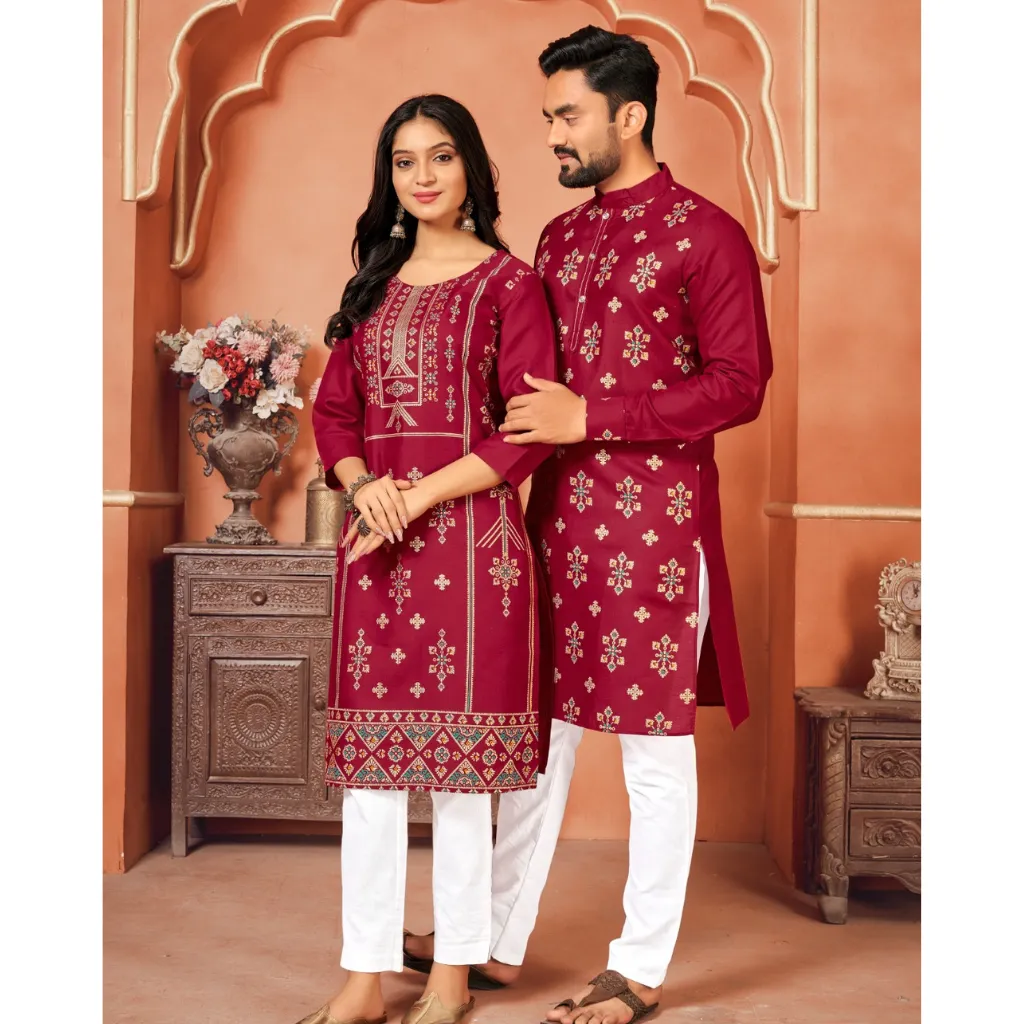 Couple Wear Cotton Traditional Wedding Red Same Matching Outfits Set