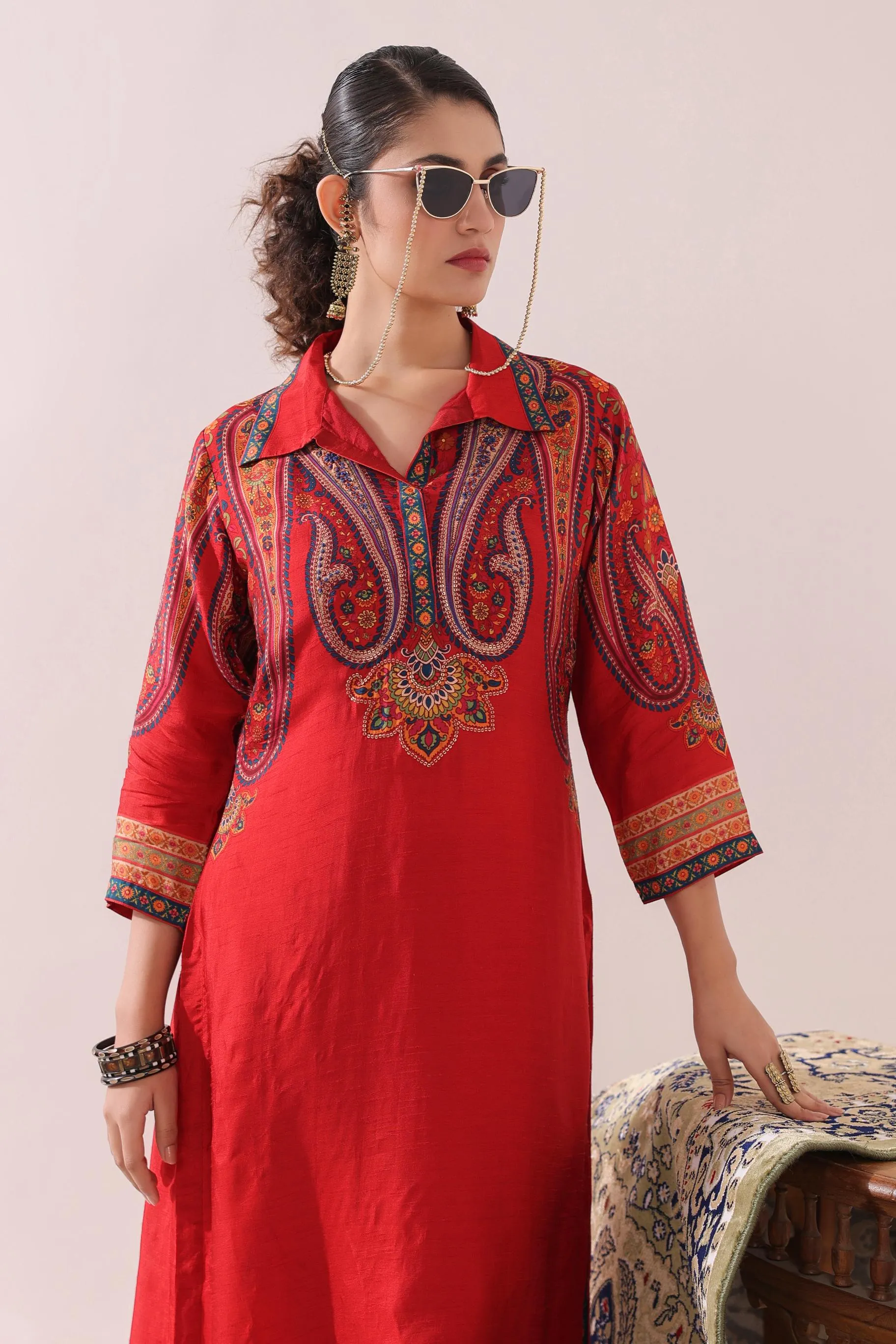 Crimson Red Traditional Printed Kurti With Pants Set