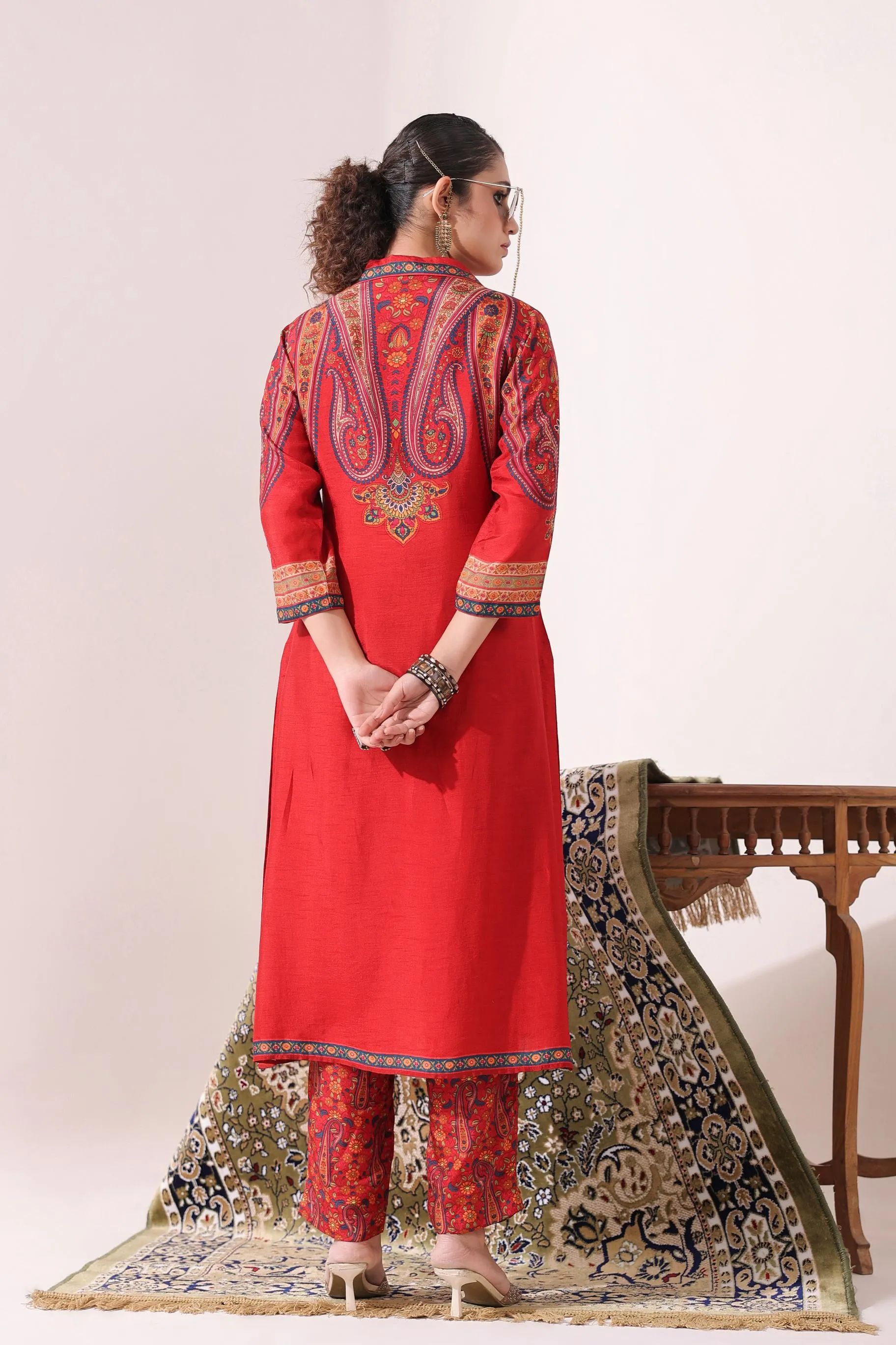 Crimson Red Traditional Printed Kurti With Pants Set