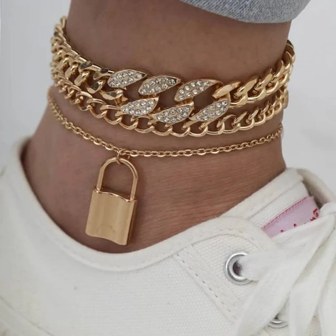 Crystal chain locket Multilayered Anklet set for women