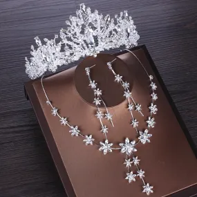 Crystal, Flower and Cubic Zirconia Tiara, Necklace & Earrings Wedding Jewelry Set