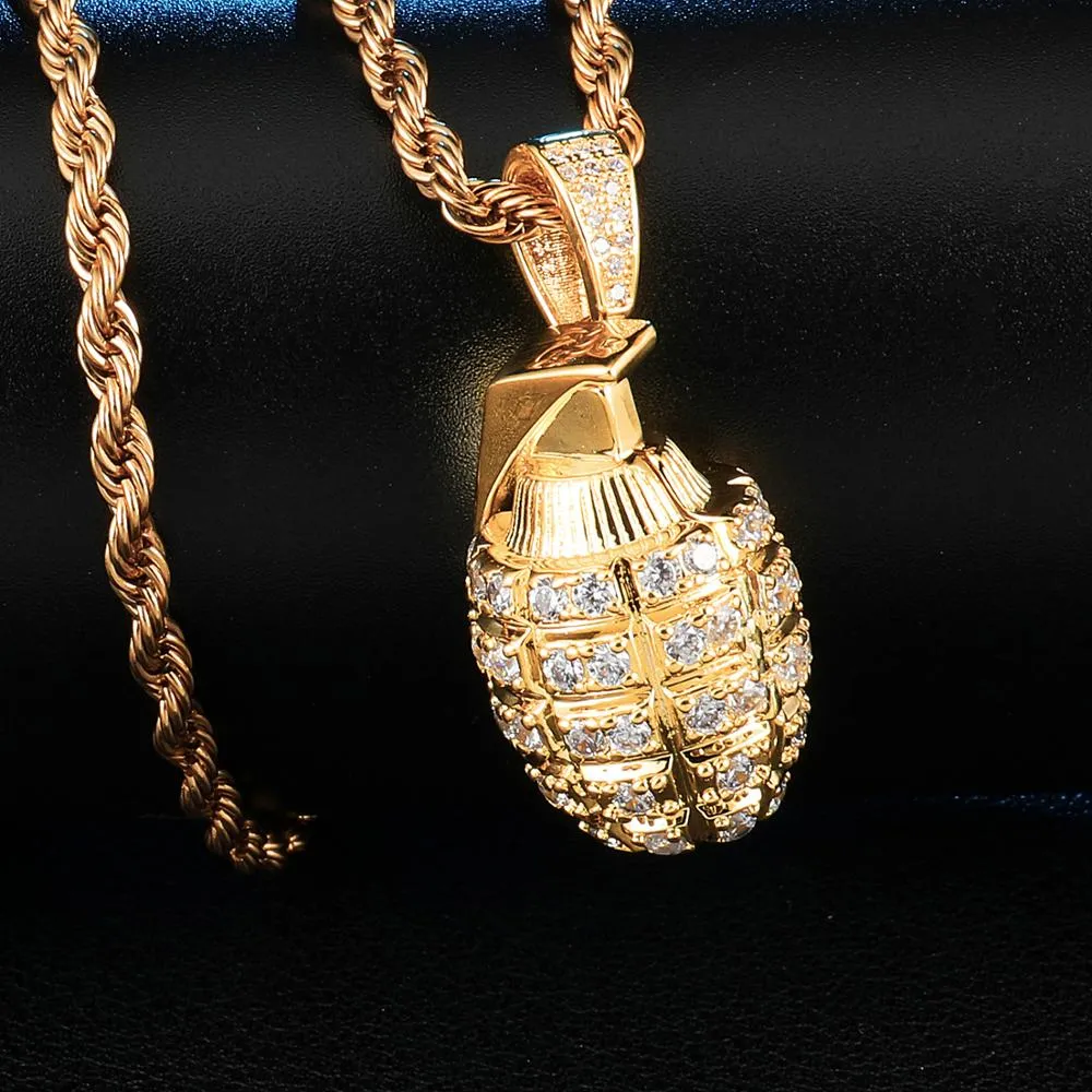 Cubic-Zirconia-Studded Gold-Plated Grenade Bling Hip-hop Pendant Necklace