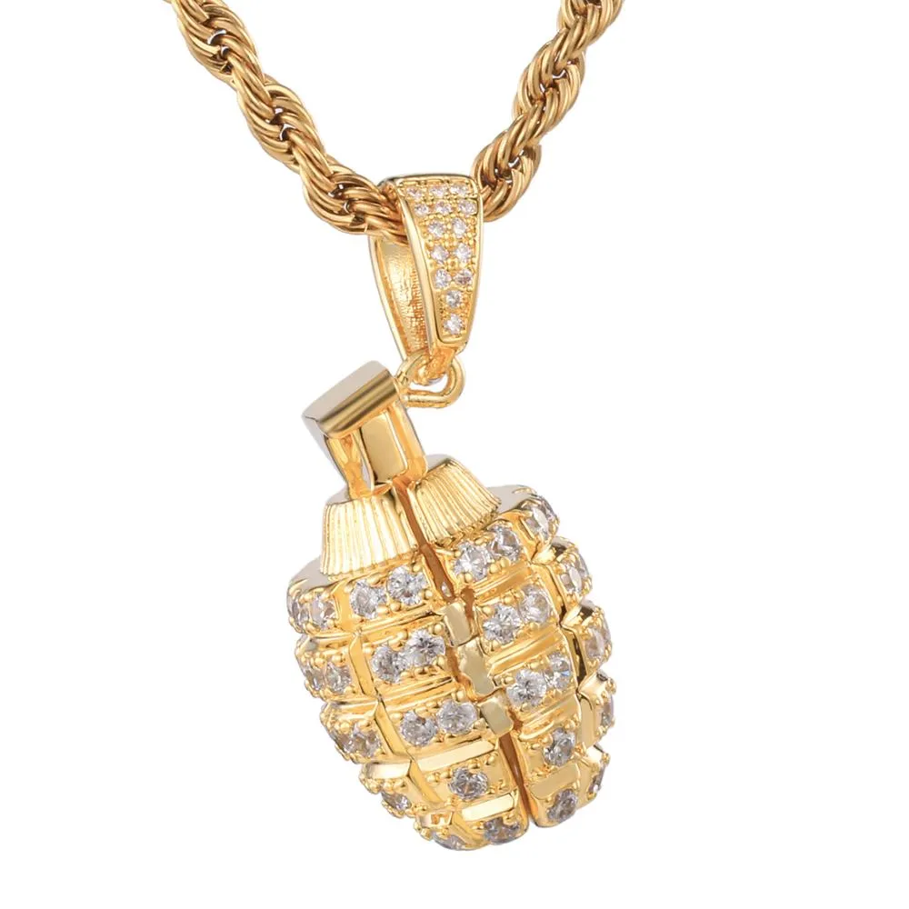 Cubic-Zirconia-Studded Gold-Plated Grenade Bling Hip-hop Pendant Necklace