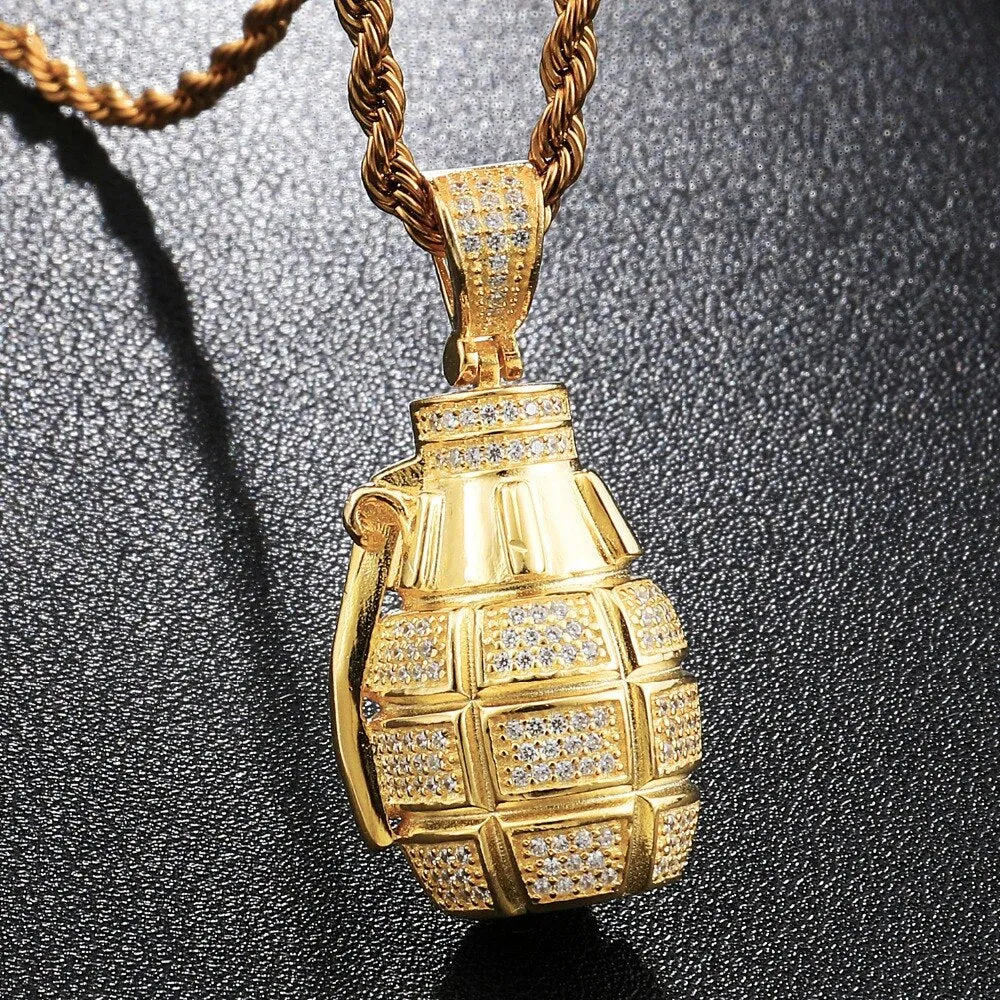 Cubic-Zirconia-Studded Grenade Bling Hip-hop Pendant Necklace