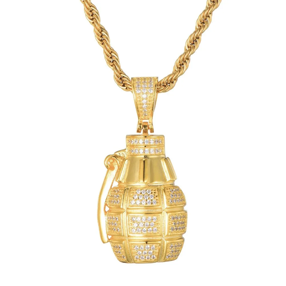 Cubic-Zirconia-Studded Grenade Bling Hip-hop Pendant Necklace