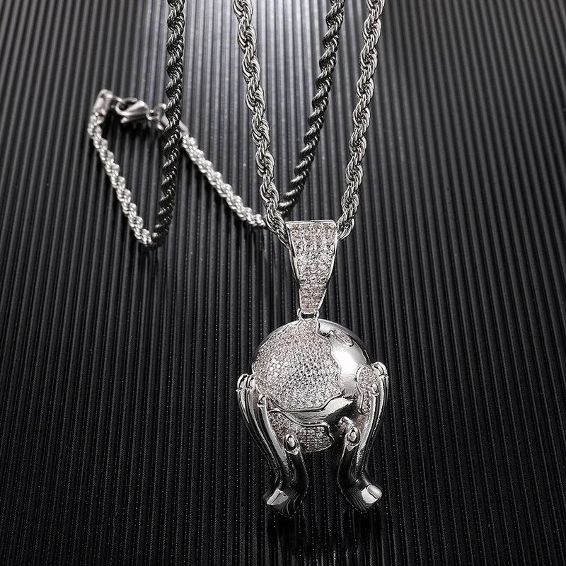 Cubic-Zirconia-Studded Hands Holding Earth Bling Hip-hop Pendant Necklace