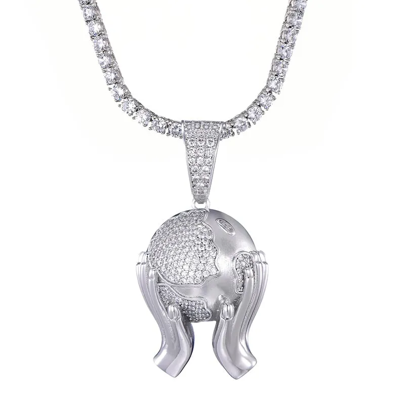 Cubic-Zirconia-Studded Hands Holding Earth Bling Hip-hop Pendant Necklace