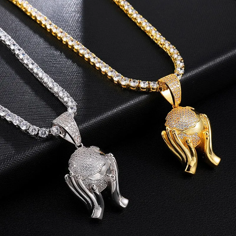 Cubic-Zirconia-Studded Hands Holding Earth Bling Hip-hop Pendant Necklace