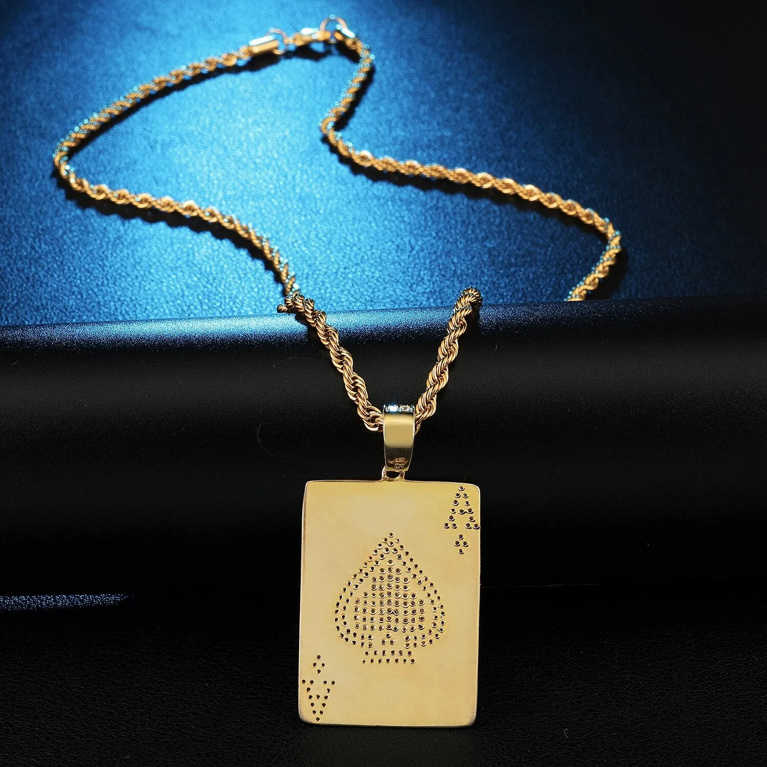 Cubic-Zirconia-Studded Poker Ace of Spades Bling Hip-hop Pendant Necklace