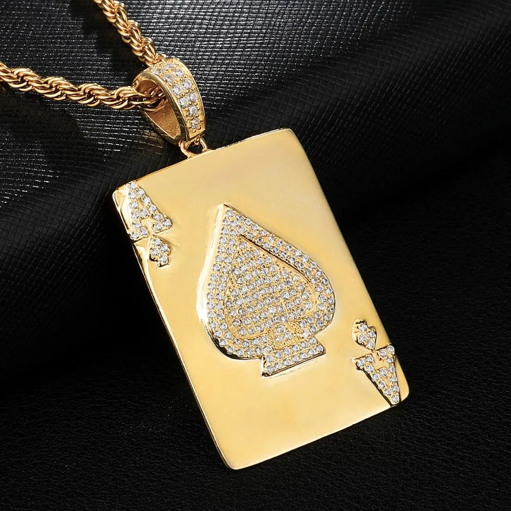 Cubic-Zirconia-Studded Poker Ace of Spades Bling Hip-hop Pendant Necklace