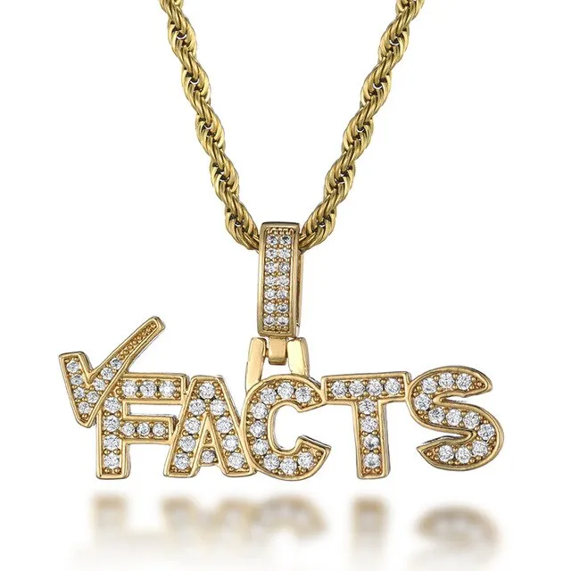 Cubic Zirconia Studded "Facts" Bling Hip-hop Pendant Necklace