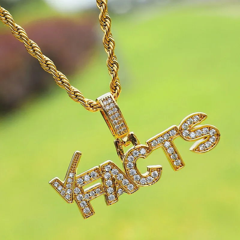 Cubic Zirconia Studded "Facts" Bling Hip-hop Pendant Necklace