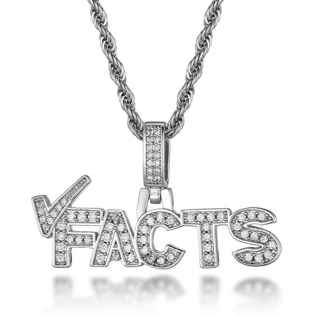 Cubic Zirconia Studded "Facts" Bling Hip-hop Pendant Necklace