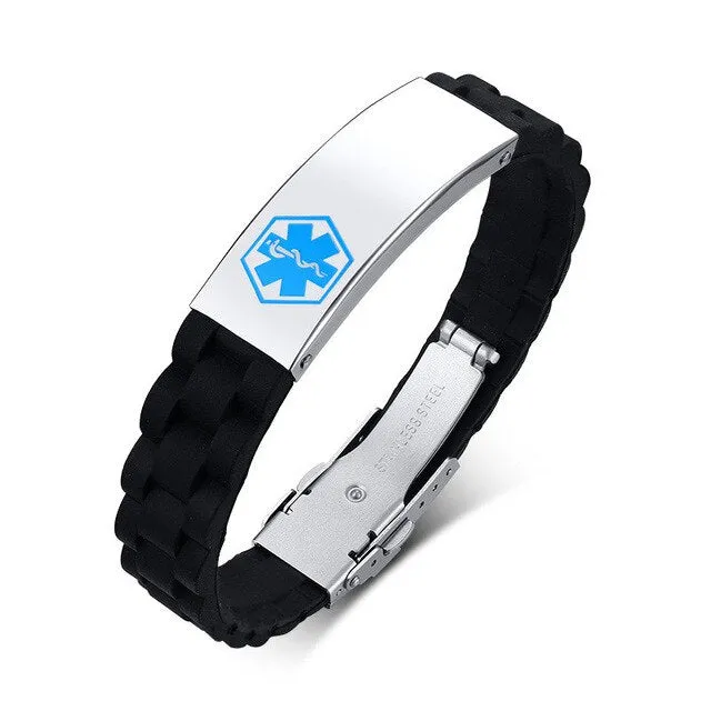 Custom Engrave Medical Alert ID Silicone and Stainless Steel Personalized Bracelet