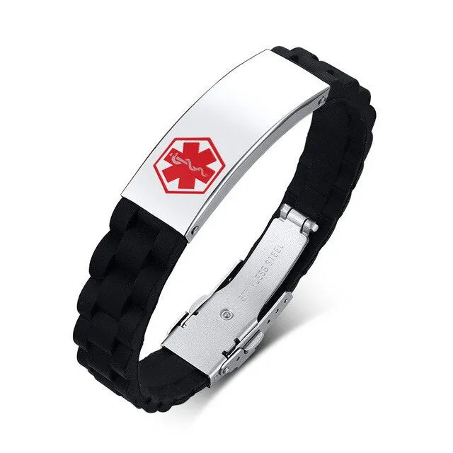 Custom Engrave Medical Alert ID Silicone and Stainless Steel Personalized Bracelet