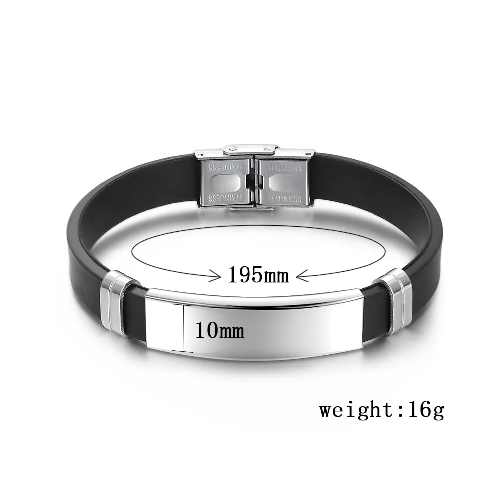 Custom Engrave Smooth Black Leather and Stainless Steel Fashion Bracelet