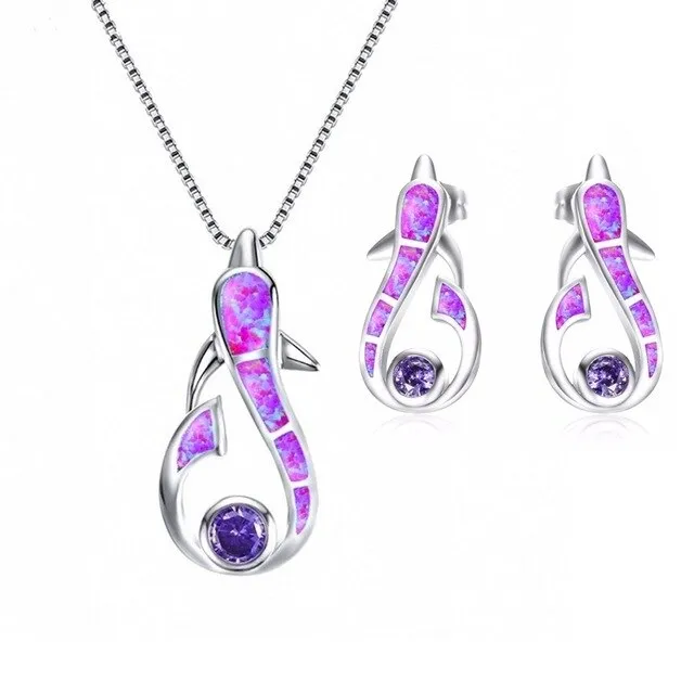 Cute Dolphin Fire Opal Necklace & Earrings Trendy Jewelry Set