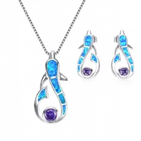 Cute Dolphin Fire Opal Necklace & Earrings Trendy Jewelry Set