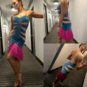 Dazzling Pink & Blue Fringed Latin Dress