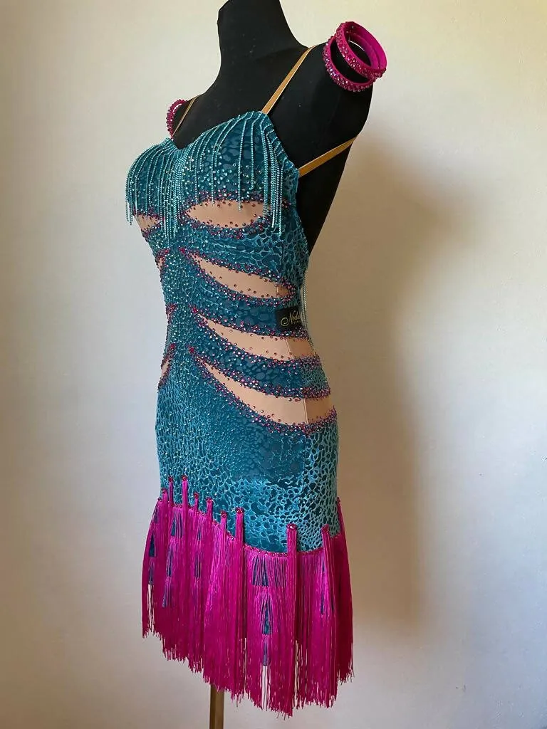 Dazzling Pink & Blue Fringed Latin Dress