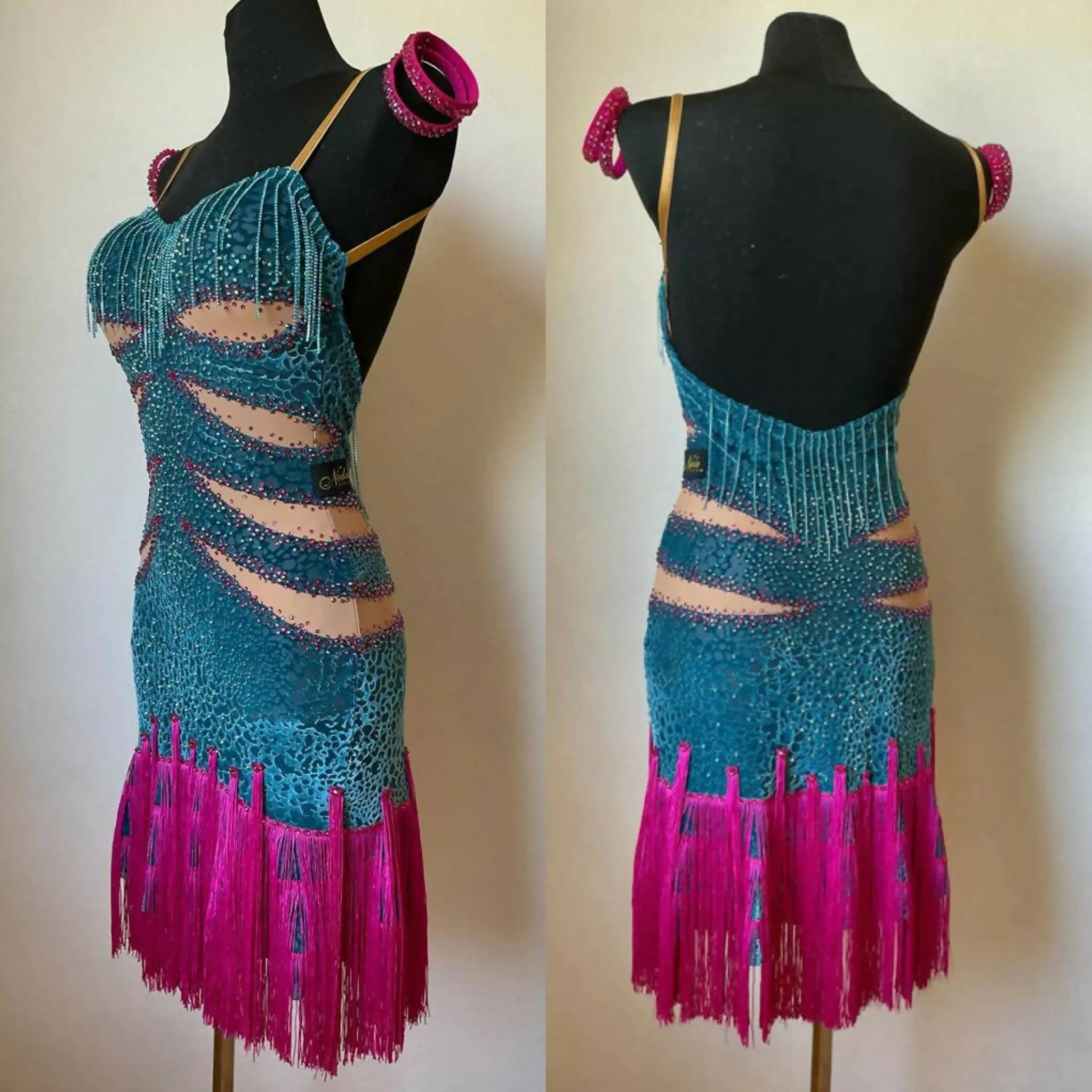 Dazzling Pink & Blue Fringed Latin Dress