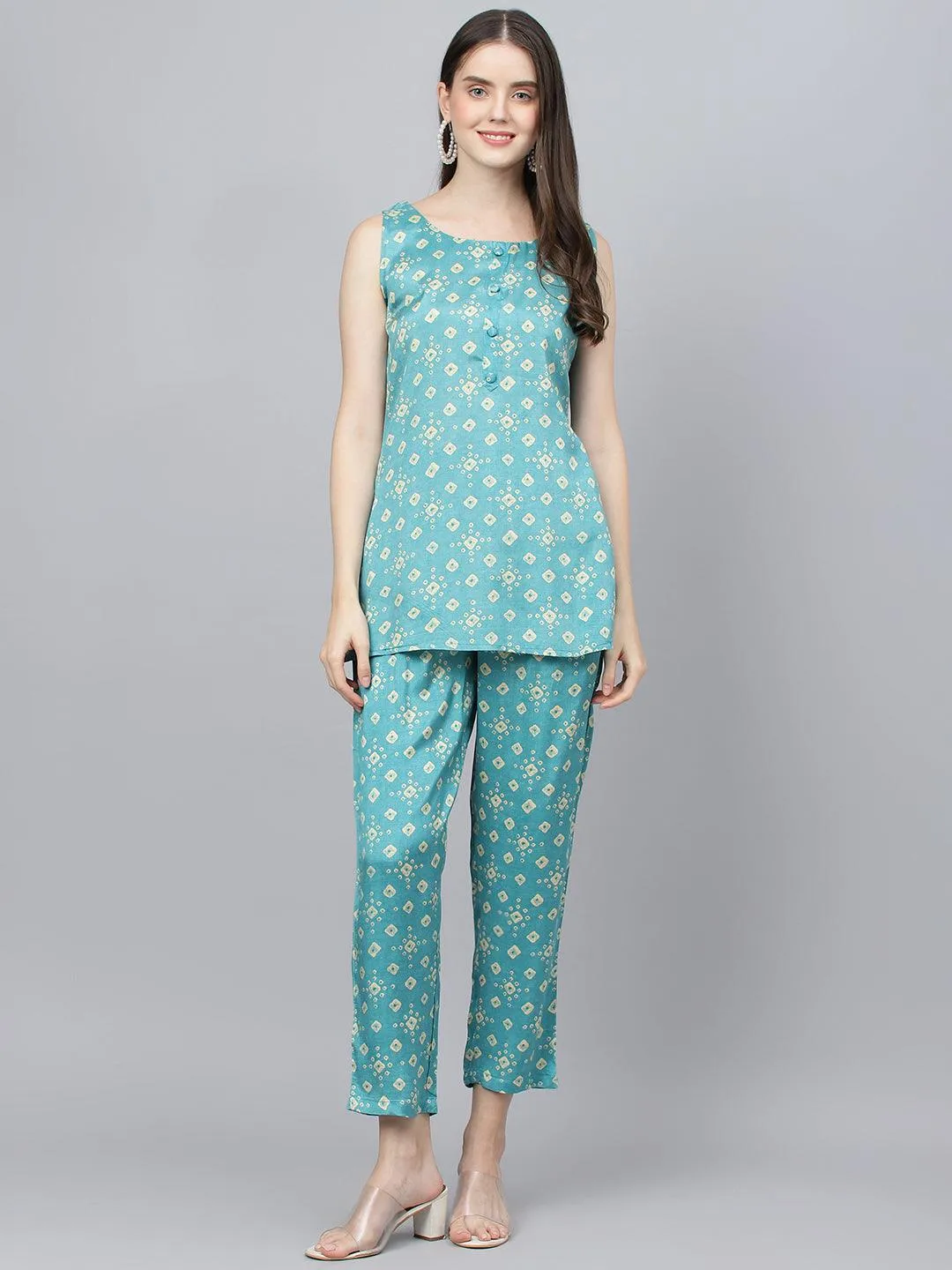 Divena Bandhani Teal Muslin Three Piece Top Pant Set with Peplum Jecket