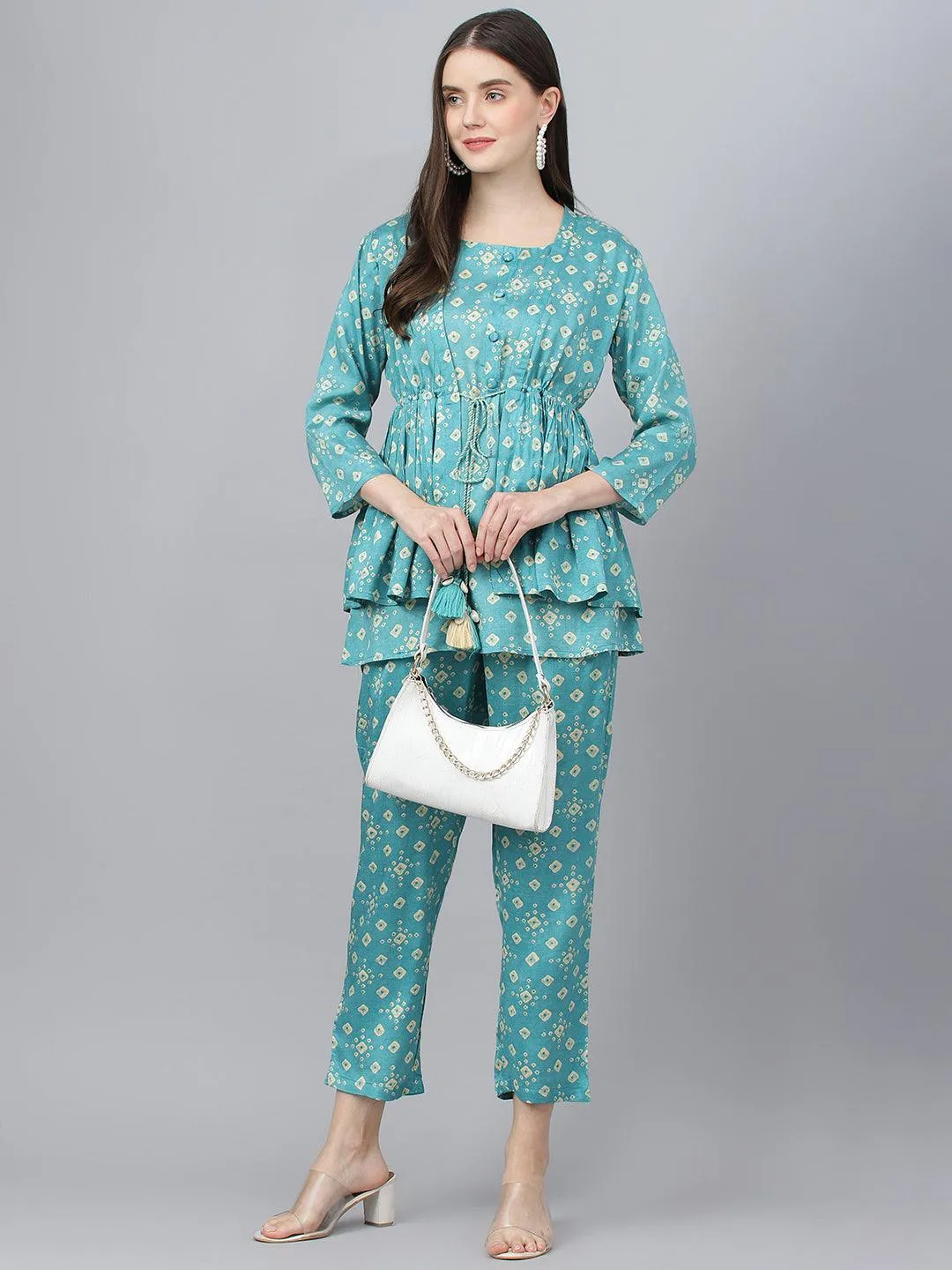 Divena Bandhani Teal Muslin Three Piece Top Pant Set with Peplum Jecket