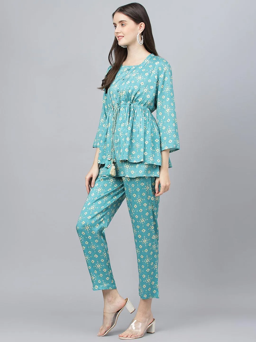 Divena Bandhani Teal Muslin Three Piece Top Pant Set with Peplum Jecket