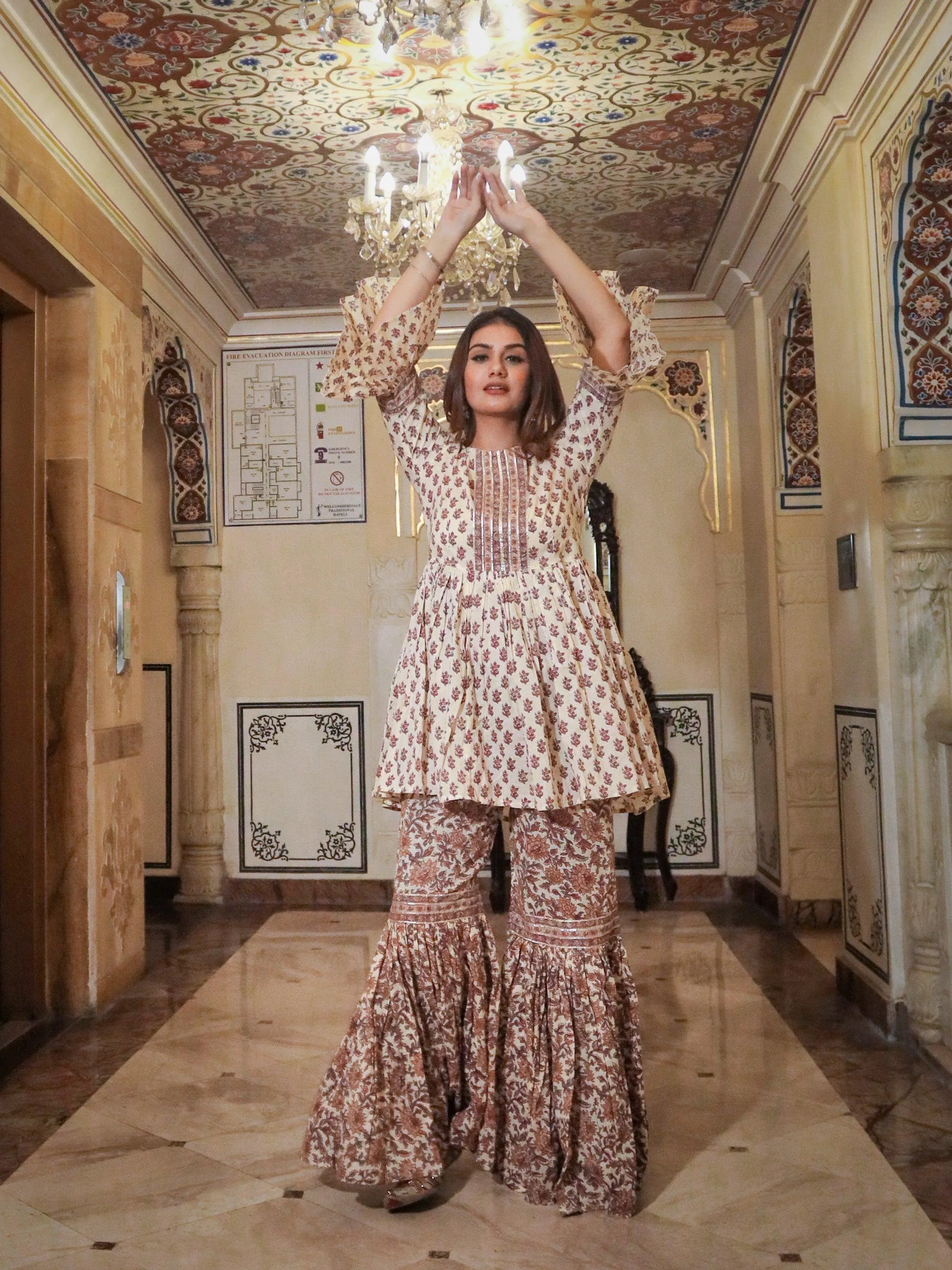 Divena Cream Printed Sharara Set