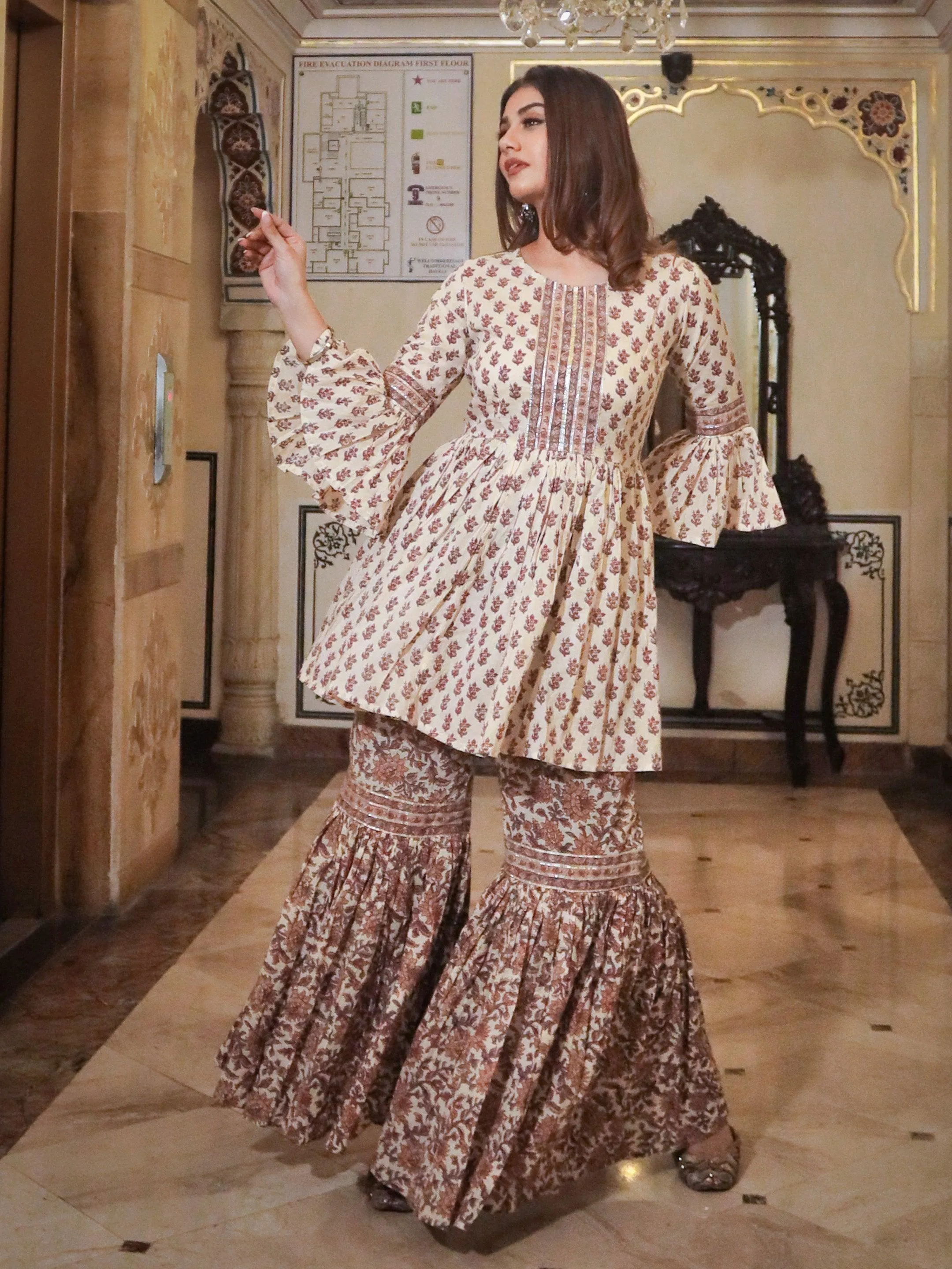 Divena Cream Printed Sharara Set