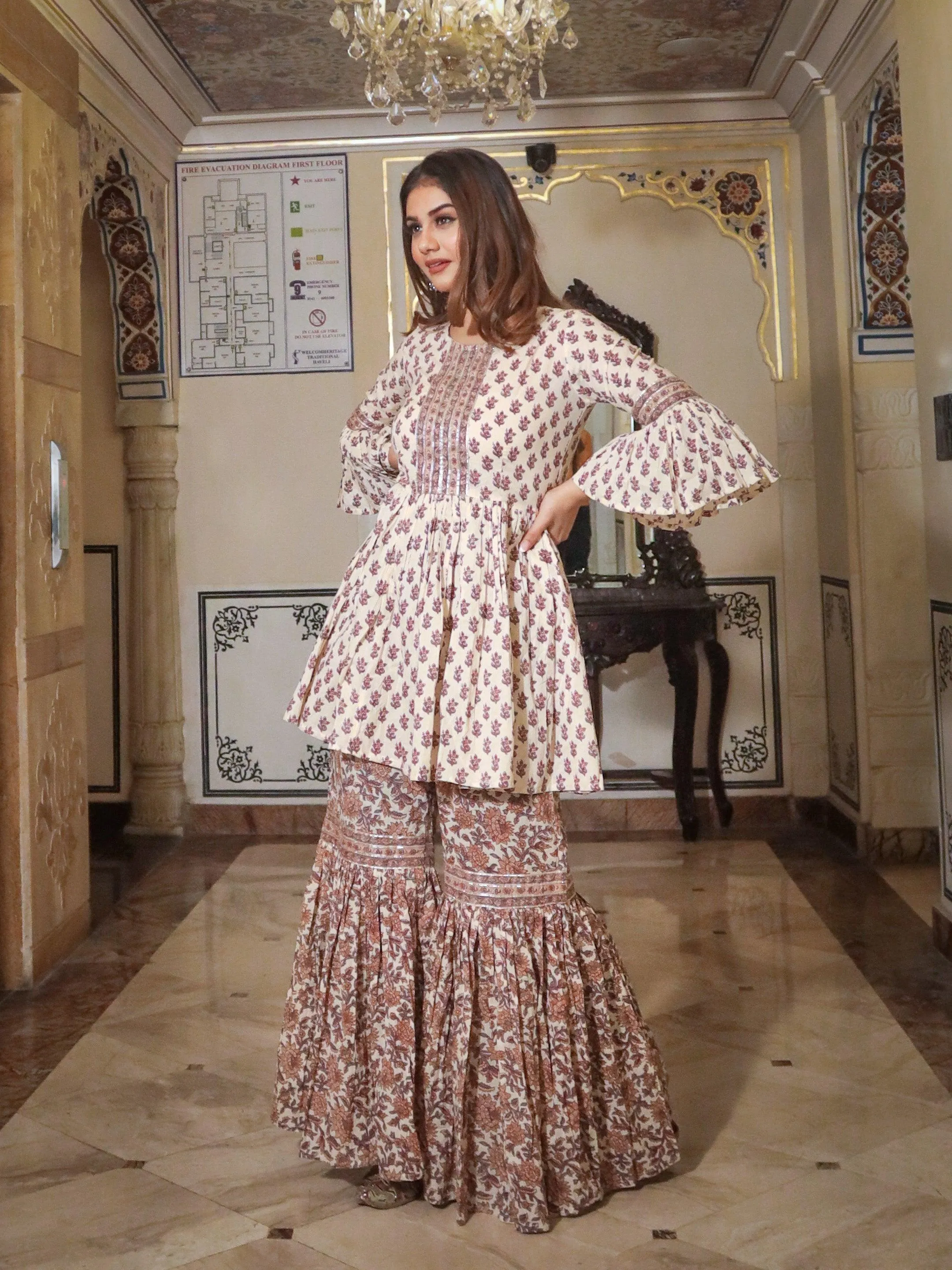 Divena Cream Printed Sharara Set