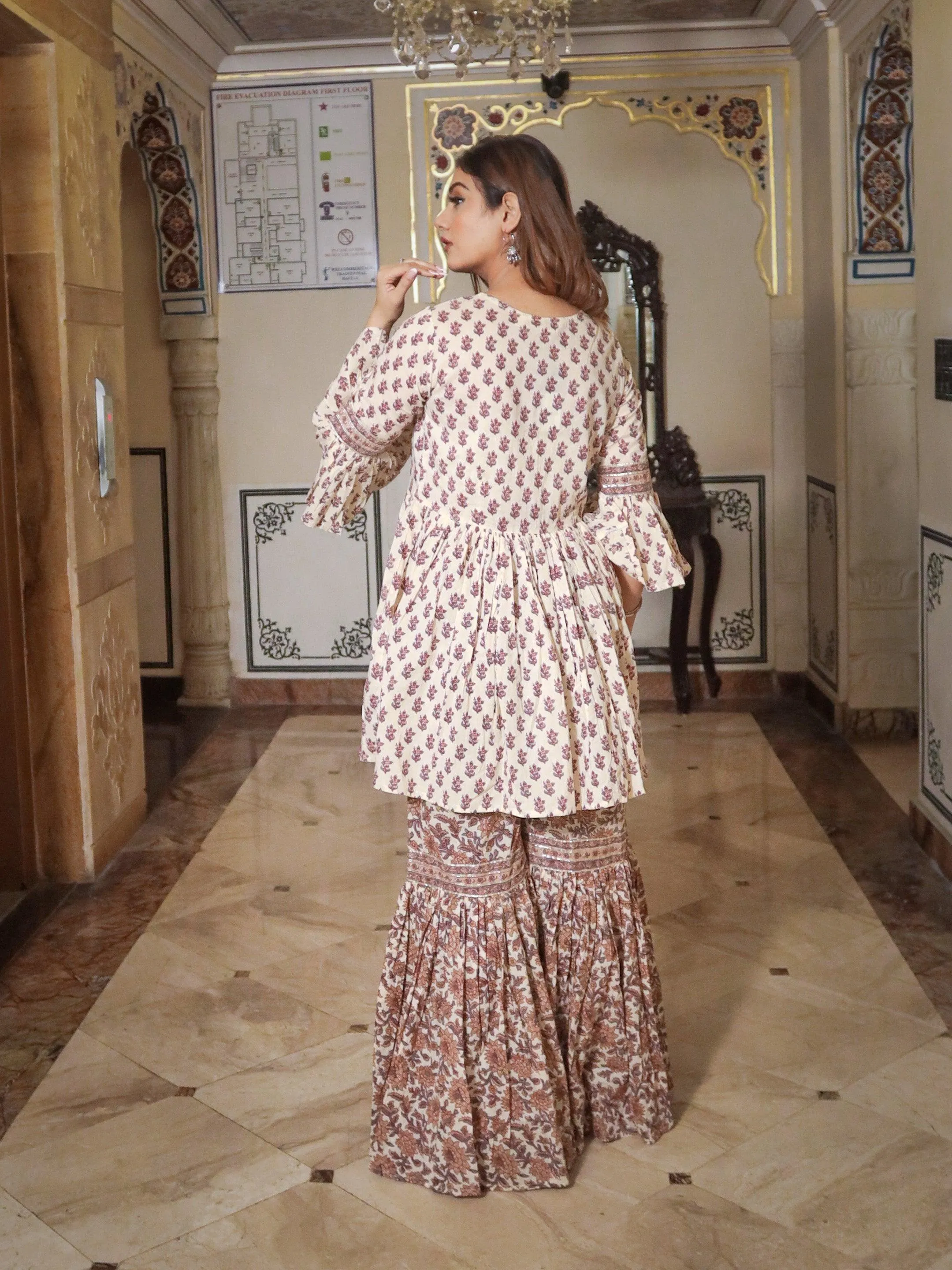 Divena Cream Printed Sharara Set