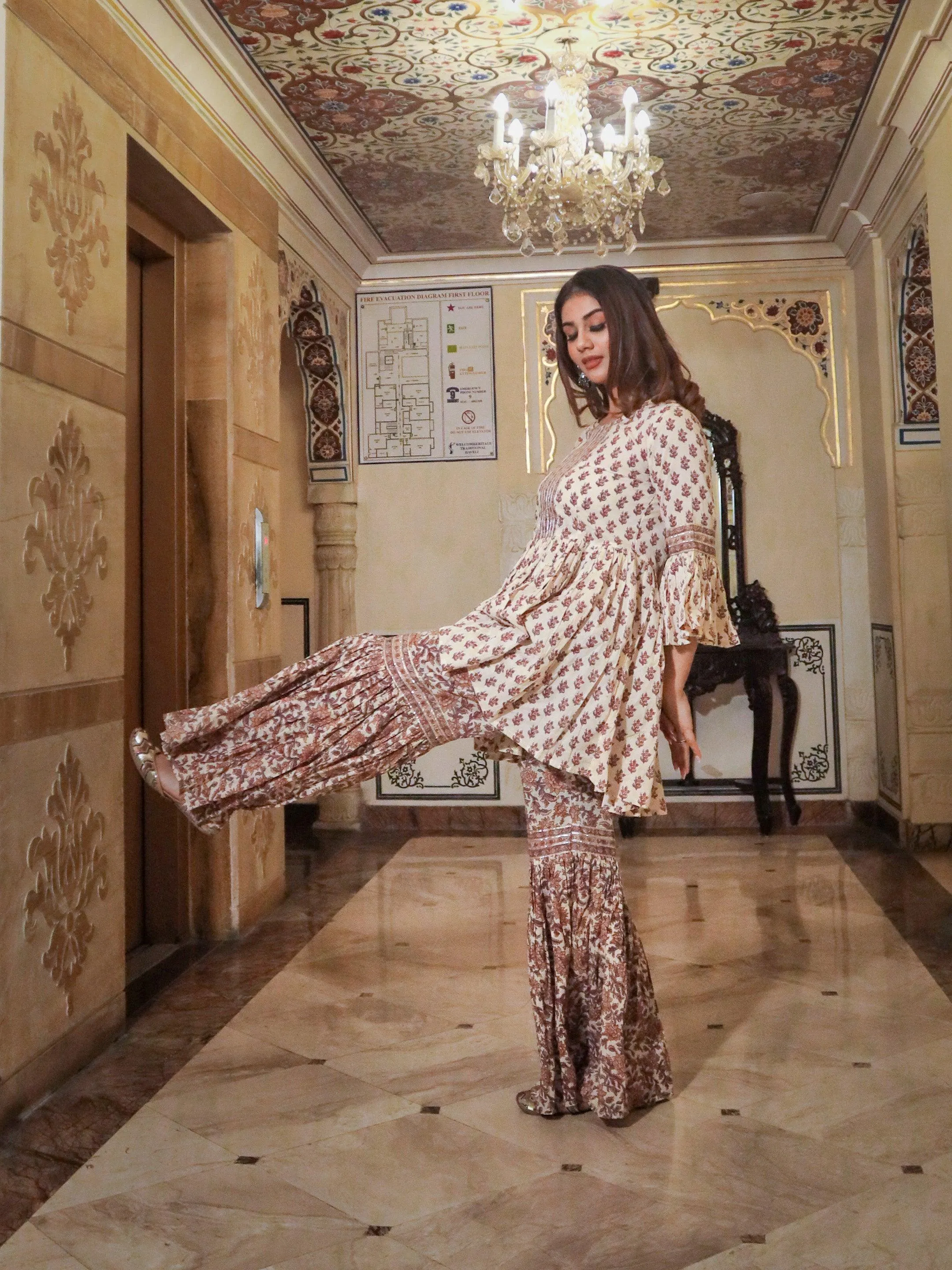 Divena Cream Printed Sharara Set