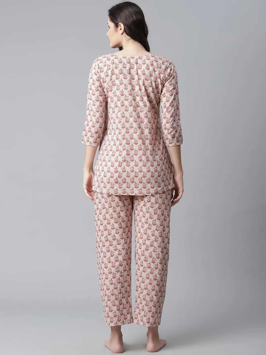 Divena  Floral Pink Motif Cotton Nightsuit