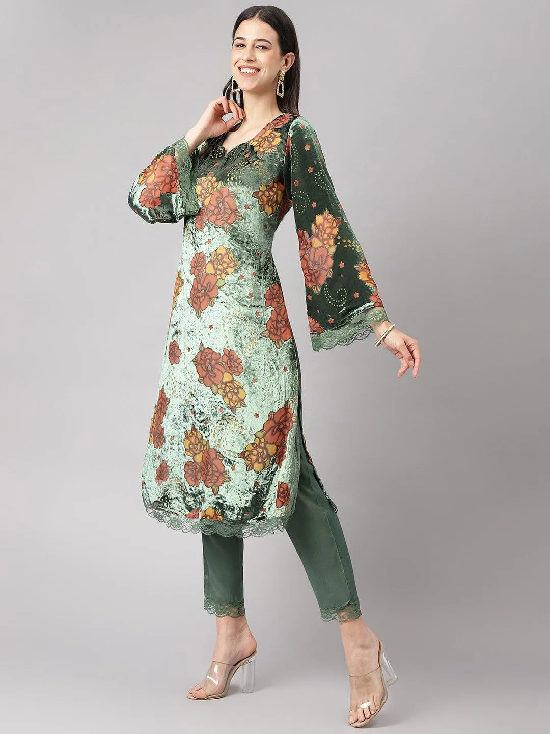 Divena Green Burn out Velvet Kurta Harem Pant with Organza Dupatta