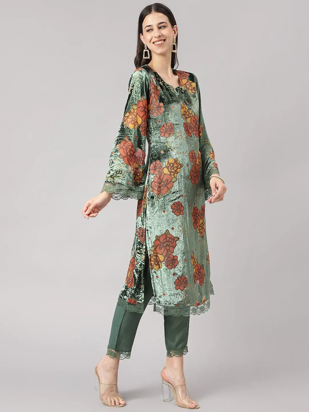 Divena Green Burn out Velvet Kurta Harem Pant with Organza Dupatta