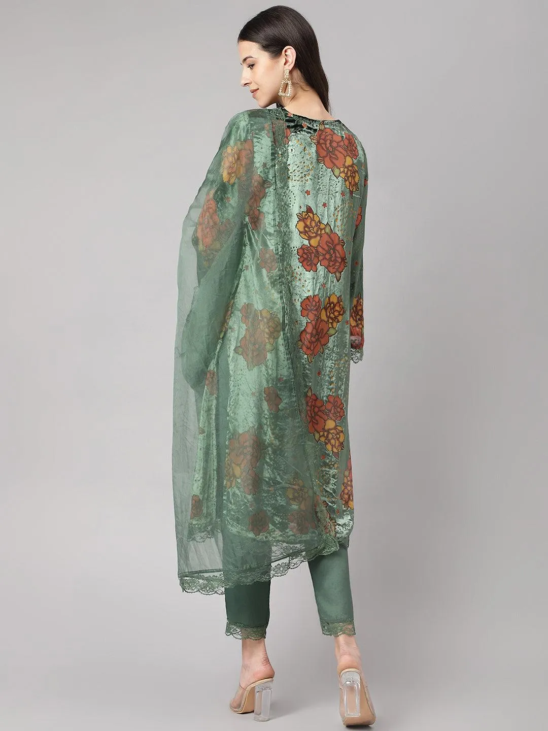 Divena Green Burn out Velvet Kurta Harem Pant with Organza Dupatta