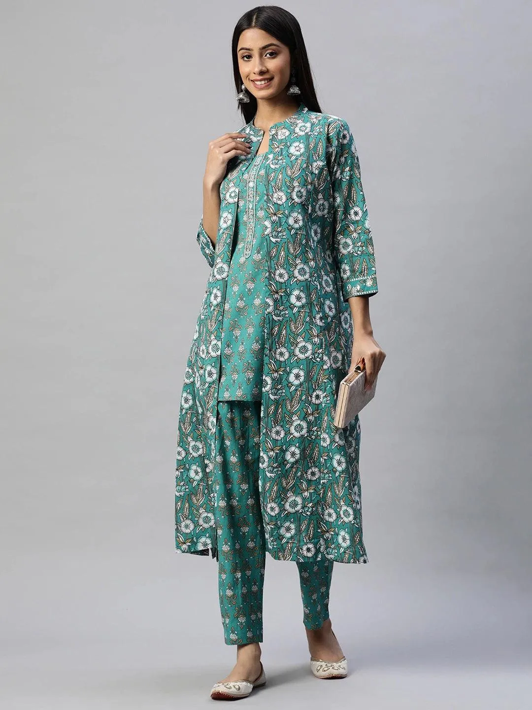 Divena Green Cotton Floral Printed Three Piece Indowestern Kurta Pant Set with Jacket