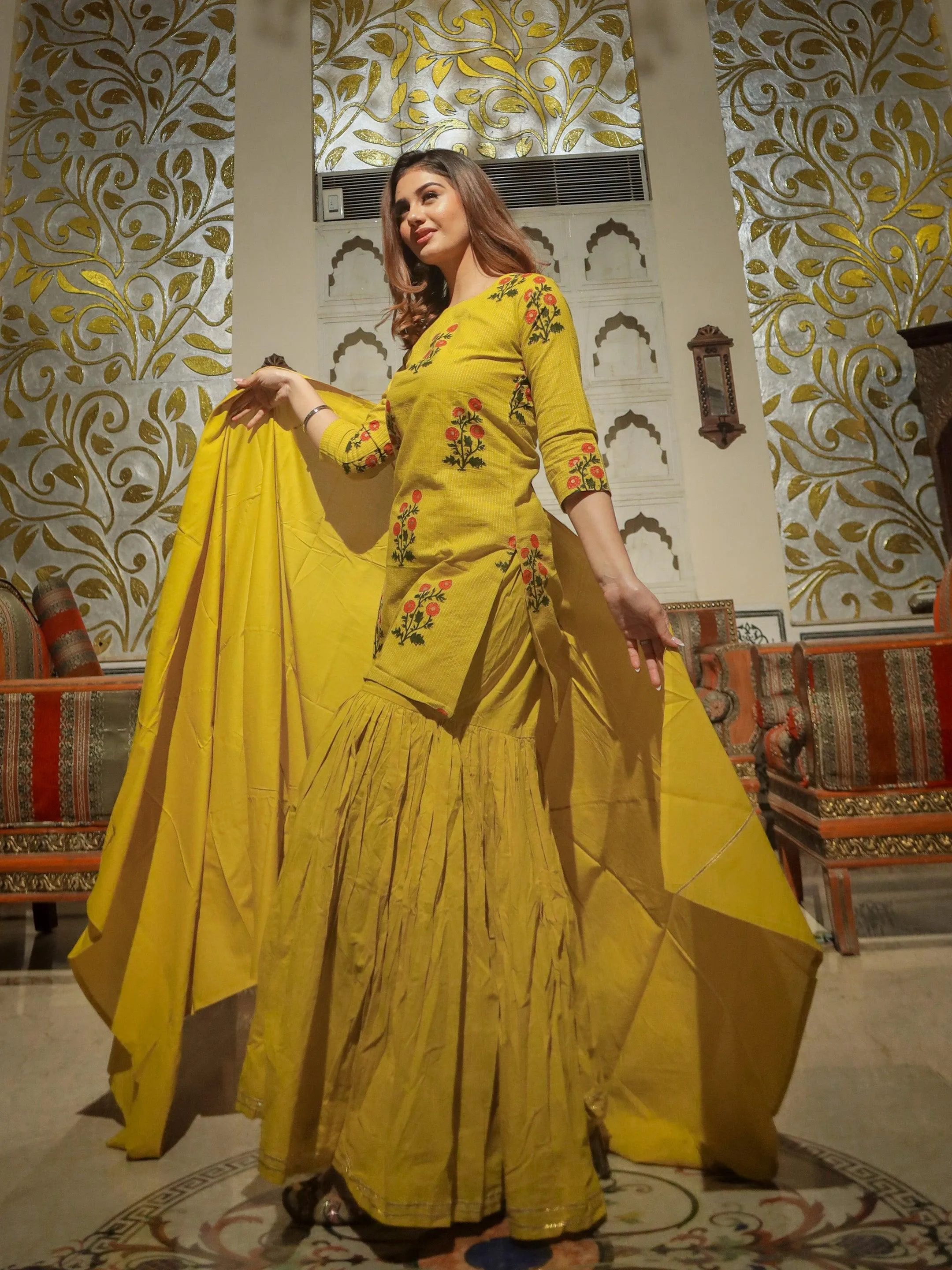 Divena lemon yellow cotton sharara kurta set with dupatta