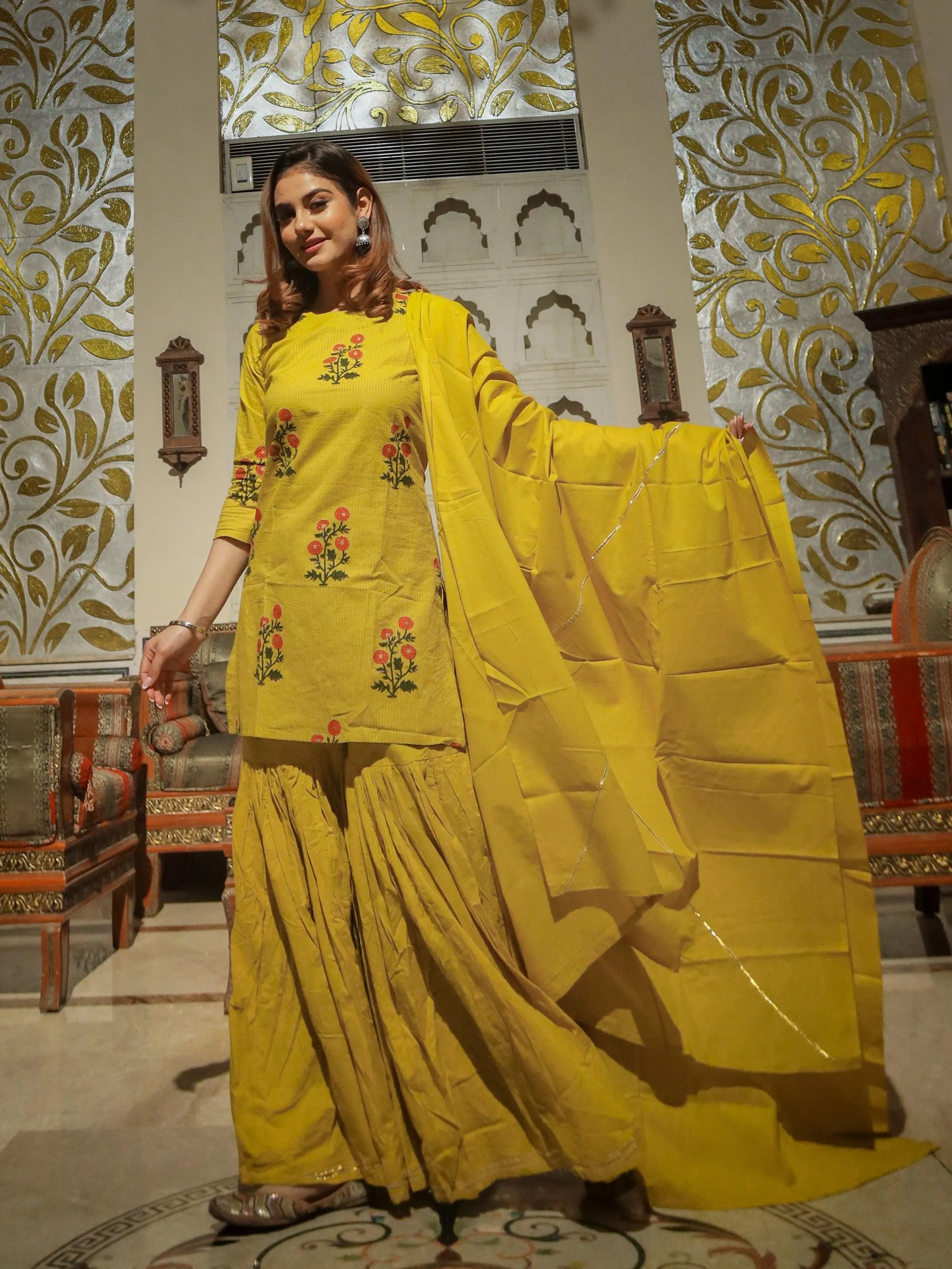 Divena lemon yellow cotton sharara kurta set with dupatta